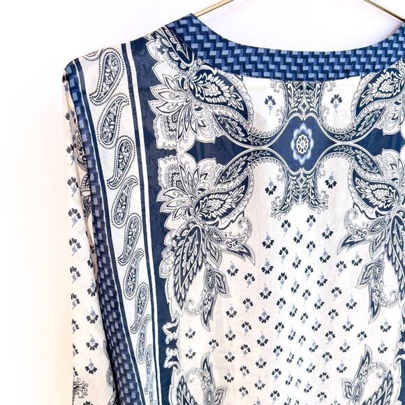 Ann Taylor Blue White Paisley Print Cotton Silk Long Sleeve Top Small - Picture 7 of 8